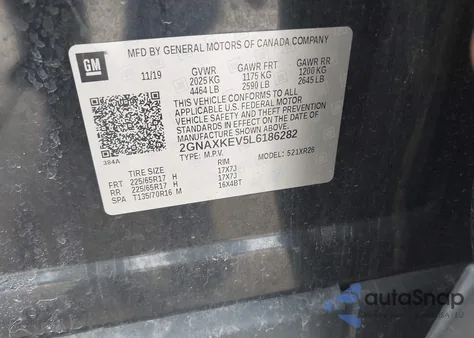 2020 Chevrolet Equinox Fwd Lt 1.5L Turbo z USA, uszkodzony, nr VIN 2GNAXKEV5L6186282